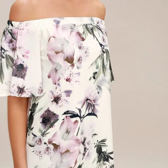 Lulus Shift Dress Small Ivory Floral Off-the-Shoulder Short Sleeve Women's - Picture 2 of 14